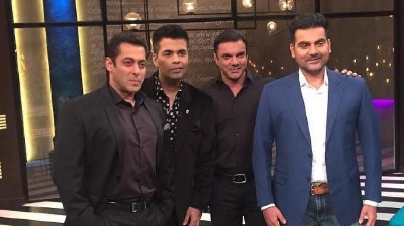 Salman with his brothers Arbaaz and Sohail and the host of the show Karan Johar. Salman Khan's episode was one of the best from last season, admitted Karan Johar (Pic courtesy: Instagram/ arbaazkhanofficial). Salman with his brothers Arbaaz and Sohail and the host of the show Karan Johar. Salman Khan's episode was one of the best from last season, admitted Karan Johar (Pic courtesy: Instagram/ arbaazkhanofficial).