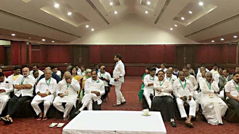 Congress legislators at the CLP meeting in Bengaluru on Saturday (Photo: DC) Congress legislators at the CLP meeting in Bengaluru on Saturday (Photo: DC)