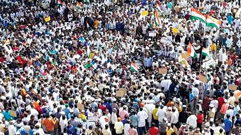 People protest against the Citizenship Amendment Act at Hosapete in Ballari district on Monday.  (KPN)