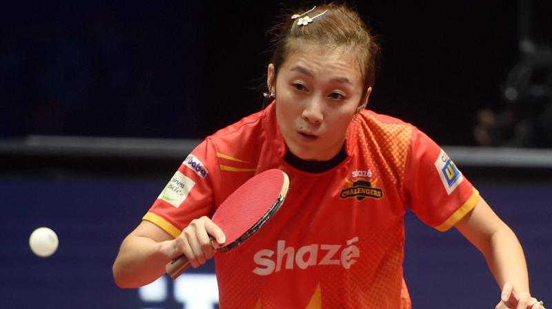 Shaze Challengers player Han Ying in action during CEAT Ultimate Table Tennis finals against Falcons TTC player Wu Yang in Mumbai on Sunday. (Photo: AP) Shaze Challengers player Han Ying in action during CEAT Ultimate Table Tennis finals against Falcons TTC player Wu Yang in Mumbai on Sunday. (Photo: AP)