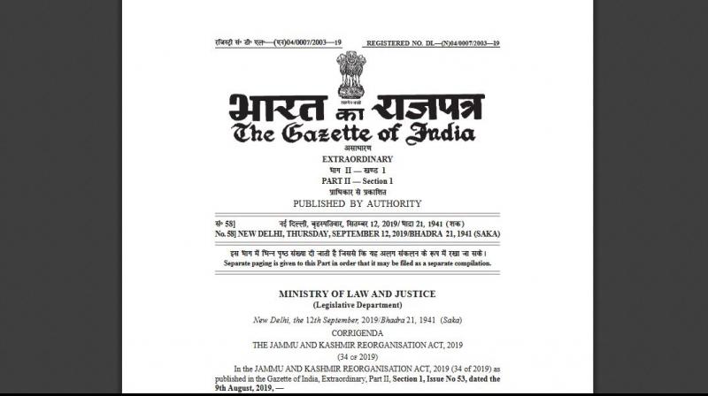 The Act even mentioned that there will be delimitation of the parliamentary constituencies of Jammu & Kashmir. The corrigenda said that the sentence has been omitted now. (Photo: egazette.nic.in) The Act even mentioned that there will be delimitation of the parliamentary constituencies of Jammu & Kashmir. The corrigenda said that the sentence has been omitted now. (Photo: egazette.nic.in)