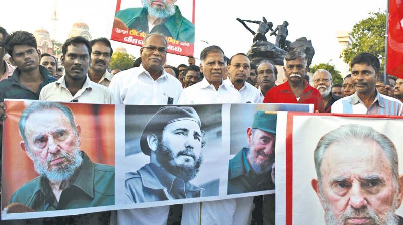 G. Ramakrishnan, state secretary of CPM, leads a silent rally after the death of Fidel Castro at Marina Beach on Saturday. (Photo: DC) G. Ramakrishnan, state secretary of CPM, leads a silent rally after the death of Fidel Castro at Marina Beach on Saturday. (Photo: DC)