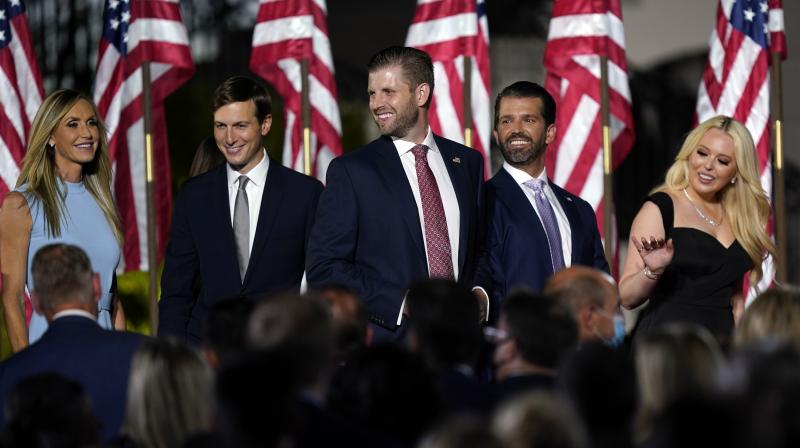 Lara Trump, Jared Kushner, Eric Trump, Donald Trump Jr., and Tiffany Trump and Donald Trump Jr. arrive before President Donald Trump speaks from the South Lawn of the White House on the fourth day of the Republican National Convention. (AP)
