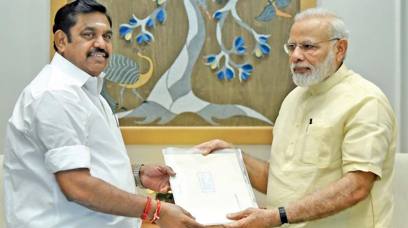 Chief Minister Edappadi K. Palanisami submits memorandum raising several state-specific issues to Prime Minister Narendra Modi in New Delhi on Wednesday. (Photo: DC) Chief Minister Edappadi K. Palanisami submits memorandum raising several state-specific issues to Prime Minister Narendra Modi in New Delhi on Wednesday. (Photo: DC)