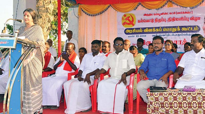 CPI(M) politburo member Brinda Karat addressing the party’s election meeting at Karambakkudi near Pudukkottai, on Monday. (Photo: DC) CPI(M) politburo member Brinda Karat addressing the party’s election meeting at Karambakkudi near Pudukkottai, on Monday. (Photo: DC)