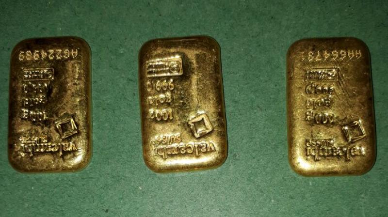 Customs officials seized six gold biscuits worth Rs 17.7 lakh from a goldsmith cum trader identified as Kanishetty Suri Babu son of Ramulu a resident of Tanuku. Customs officials seized six gold biscuits worth Rs 17.7 lakh from a goldsmith cum trader identified as Kanishetty Suri Babu son of Ramulu a resident of Tanuku.