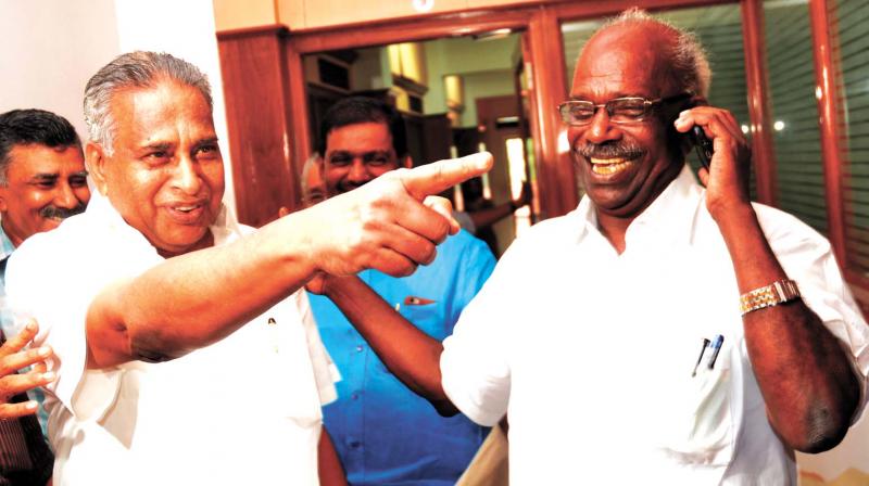 Minister-designate M.M. Mani shares his joy with LDF convener Vaikkom Viswan at AKG Centre in Thiruvananthapuram on Sunday. (Photo: Peethambaran payyeri) Minister-designate M.M. Mani shares his joy with LDF convener Vaikkom Viswan at AKG Centre in Thiruvananthapuram on Sunday. (Photo: Peethambaran payyeri)