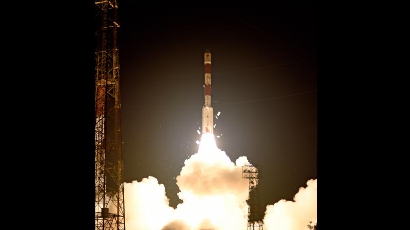 PSLV-C41 lifted off majestically leaving orange flames behind illuminating the Shar during the predawn launch at 4.04 am IST, as planned, from the First Launch Pad. (Photo: DC) PSLV-C41 lifted off majestically leaving orange flames behind illuminating the Shar during the predawn launch at 4.04 am IST, as planned, from the First Launch Pad. (Photo: DC)