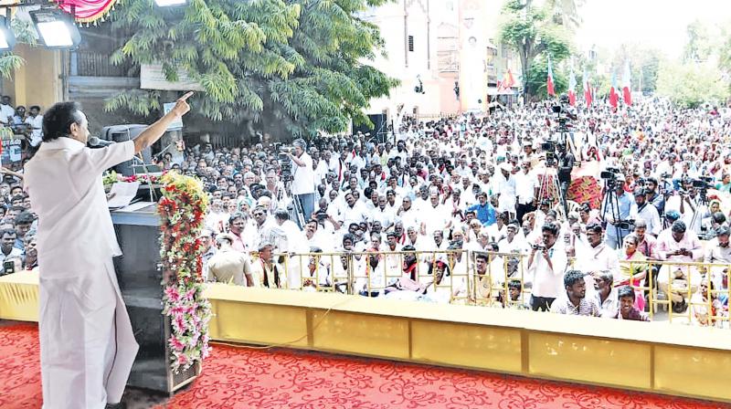 DMK chief M. K. Stalin addresses massive poll rally at Periyakulam on Wednesday. (DC) DMK chief M. K. Stalin addresses massive poll rally at Periyakulam on Wednesday. (DC)