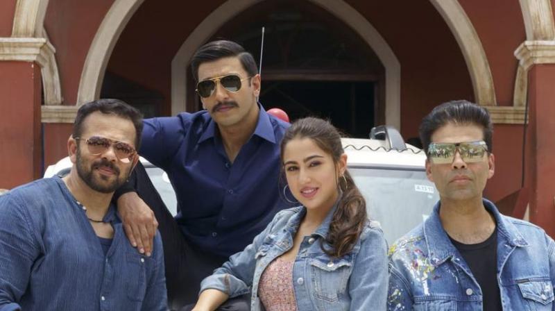 Rohit Shetty, Ranveer Singh, Sara Ali Khan and Karan Johar. Rohit Shetty, Ranveer Singh, Sara Ali Khan and Karan Johar.