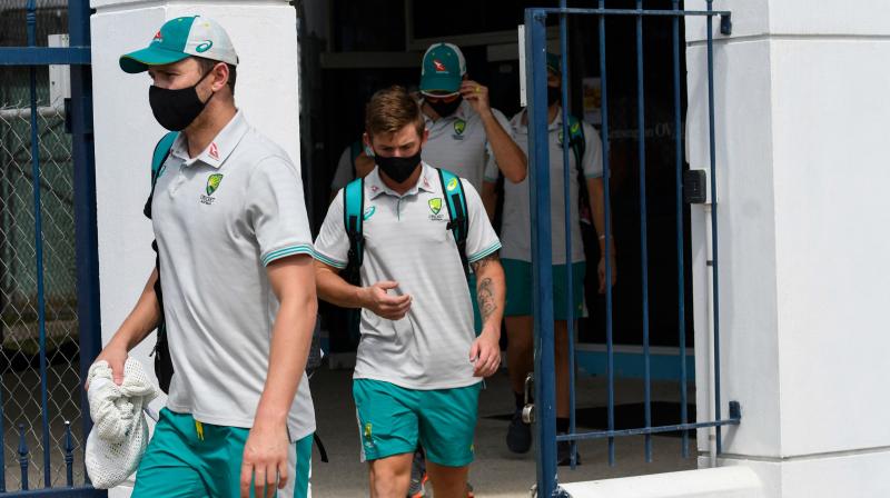 Australia players leaving the abandoned 2nd ODI between West Indies and Australia at Kensington Oval, Bridgetown, Barbados. (Photo: AFP)