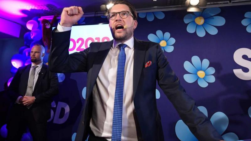 Sweden Democrats leader Jimmie Akesson celebrates at the election party in Stockholm. (Photo: AP) Sweden Democrats leader Jimmie Akesson celebrates at the election party in Stockholm. (Photo: AP)