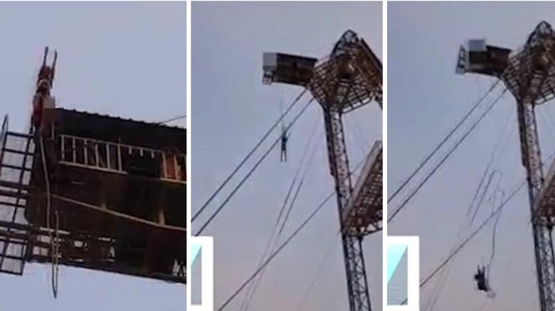 The video shows the woman standing on the platform, preparing herself for the jump. (Photo: YouTube Screengrab) The video shows the woman standing on the platform, preparing herself for the jump. (Photo: YouTube Screengrab)