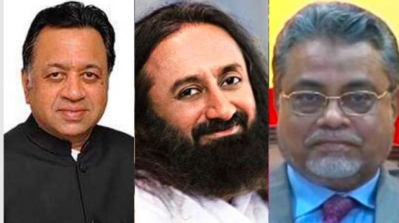 Advocate Sriram Panchu (left), Sri Sri Ravi Shankar (centre), Justice FM Kalifulla (right) (Photo: File) Advocate Sriram Panchu (left), Sri Sri Ravi Shankar (centre), Justice FM Kalifulla (right) (Photo: File)