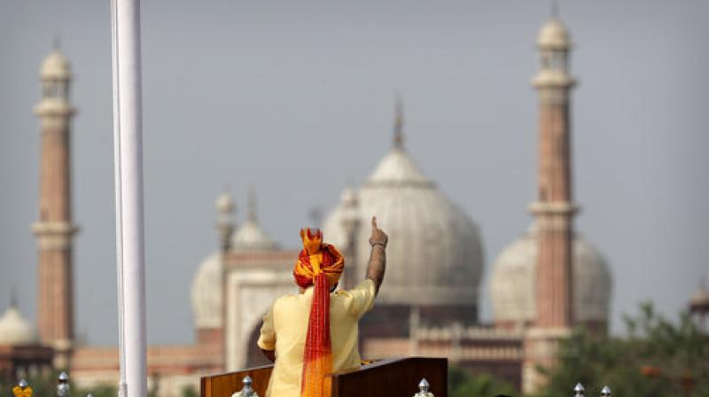 Indian Prime Minister Narendra Modi addresses the nation on the country's Independence Day from the ramparts of the historical Red Fort in New Delhi, India, Tuesday, Aug. 15, 2017. (Photo: AP) Indian Prime Minister Narendra Modi addresses the nation on the country's Independence Day from the ramparts of the historical Red Fort in New Delhi, India, Tuesday, Aug. 15, 2017. (Photo: AP)