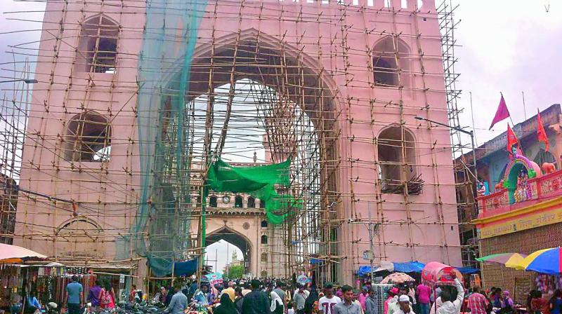 The Greater Hyderabad Municipal Corporation has taken up the restoration work of arches in and around Charminar under the pedestrianisation project. The Greater Hyderabad Municipal Corporation has taken up the restoration work of arches in and around Charminar under the pedestrianisation project.