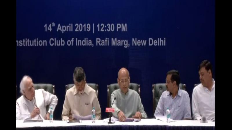 Opposition leaders including TDP chief N Chandrababu Naidu, Congress' Abhishek Manu Singhvi and AAP's national convenor Arvind Kejriwal, on Sunday questioned the reliability of the electronic voting machines (EVMS) and demanded a mandatory paper trail count in at least 50 per cent of the Assembly constituencies in all Lok Sabha seats. (Photo: ANI) Opposition leaders including TDP chief N Chandrababu Naidu, Congress' Abhishek Manu Singhvi and AAP's national convenor Arvind Kejriwal, on Sunday questioned the reliability of the electronic voting machines (EVMS) and demanded a mandatory paper trail count in at least 50 per cent of the Assembly constituencies in all Lok Sabha seats. (Photo: ANI)