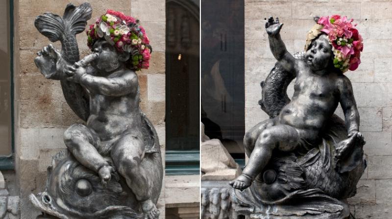Cherubs in Brussels adorned with colourful floral headdresses for Flowertime, an international flower arranging event.(All Images provided by Geoffroy Mottart) Cherubs in Brussels adorned with colourful floral headdresses for Flowertime, an international flower arranging event.(All Images provided by Geoffroy Mottart)