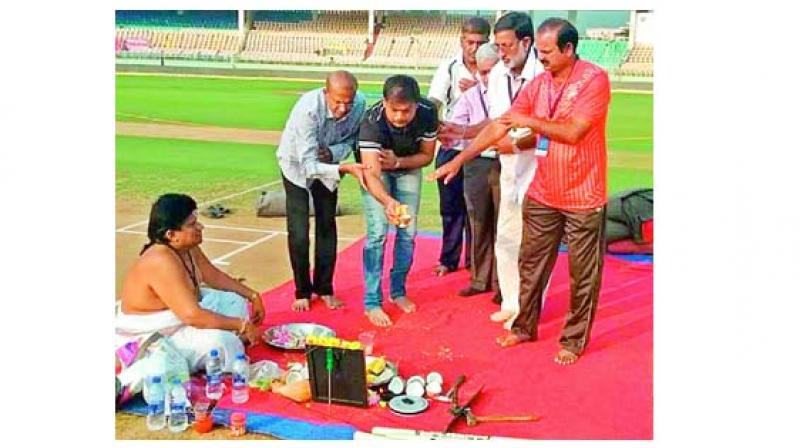 Before India took on West Indies on Wednesday, the Chairman of the National Senior Selection Committee, M.S.K. Prasad, and some other officials, conducted a puja on the pitch. Before India took on West Indies on Wednesday, the Chairman of the National Senior Selection Committee, M.S.K. Prasad, and some other officials, conducted a puja on the pitch.