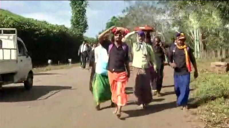 Devotees were seen trekking up the hill while chanting hymns in praise of the deity. (Photo: ANI) Devotees were seen trekking up the hill while chanting hymns in praise of the deity. (Photo: ANI)
