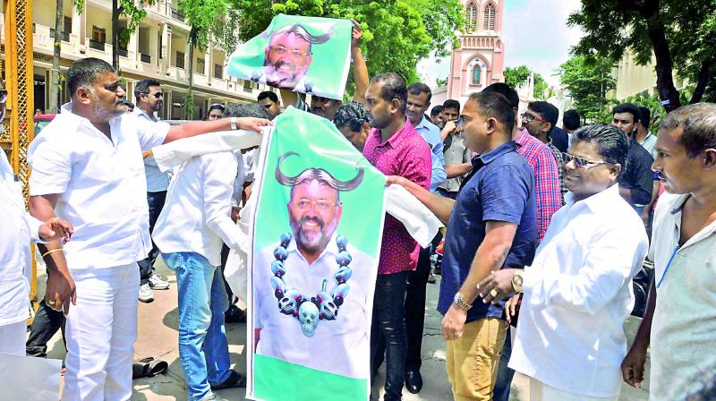 Members of Christian community protest against nominated MLA Elvis Stephen-son’s remarks on educational institutions at St. Mary’s Church in Secunderabad on Sunday. — DC Members of Christian community protest against nominated MLA Elvis Stephen-son’s remarks on educational institutions at St. Mary’s Church in Secunderabad on Sunday. — DC