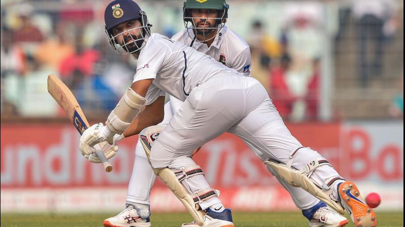 Ajinkya Rahane leg-glances a delivery in the 1st pink-ball day/night Test match between India and Bangladesh, at Eden Gardens in Kolkata. PTI Photo Ajinkya Rahane leg-glances a delivery in the 1st pink-ball day/night Test match between India and Bangladesh, at Eden Gardens in Kolkata. PTI Photo