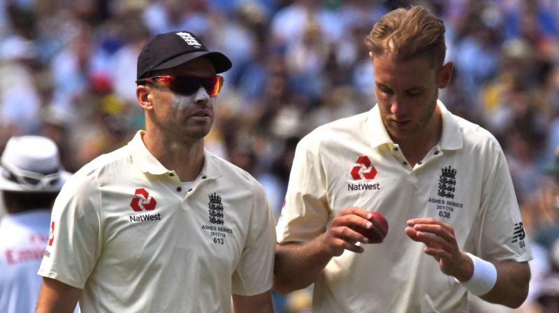 Englands pacemen James Anderson (L) and Stuart Broad discuss a strategy. AFP Photo