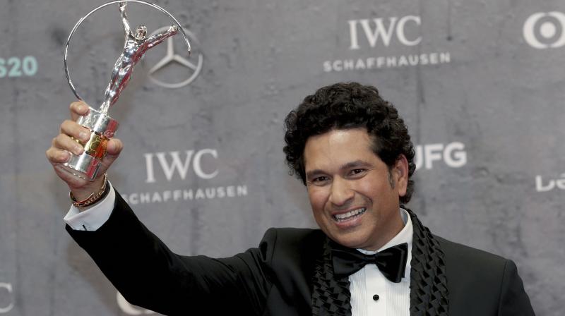 Sachin Tendulkar poses with the Best Sporting Moment Award during the 2020 Laureus World Sports Awards in Berlin, Germany, earlier this year. AP Photo