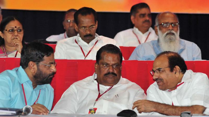 Tourism minister Kadakampally Surendran, CPM central committee member E. P. Jayarajan and party state secretary Kodiyeri Balakrishnan at the inauguration of CPM district conference at AKG hall in Thiruvananthapuram on Saturday. (Photo: A.V. MUZAFAR) Tourism minister Kadakampally Surendran, CPM central committee member E. P. Jayarajan and party state secretary Kodiyeri Balakrishnan at the inauguration of CPM district conference at AKG hall in Thiruvananthapuram on Saturday. (Photo: A.V. MUZAFAR)