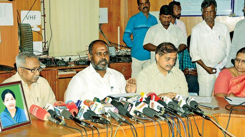 Revenue minister R.B. Udhayakumar addresses media in Chennai on Tuesday on the aftermath of the rough sea and high waves in southern coastal districts (Photo: DC) Revenue minister R.B. Udhayakumar addresses media in Chennai on Tuesday on the aftermath of the rough sea and high waves in southern coastal districts (Photo: DC)