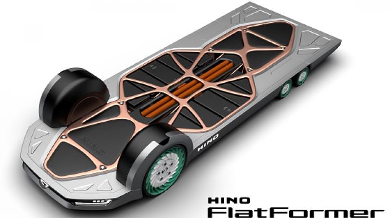 Hino Motors, the truckmaking arm of Toyota Motor Corp, showcased the futuristic “Flatformer”, which had no driver’s cabin and where the low-riding bed is fixed but the cargo or container section can be swapped out Hino Motors, the truckmaking arm of Toyota Motor Corp, showcased the futuristic “Flatformer”, which had no driver’s cabin and where the low-riding bed is fixed but the cargo or container section can be swapped out