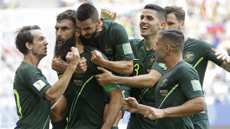 Yet just as in their opening game, Australia were handed a route back into the match from the penalty spot, thanks to the intervention of the Video Assistant Referee. (Photo: AP) Yet just as in their opening game, Australia were handed a route back into the match from the penalty spot, thanks to the intervention of the Video Assistant Referee. (Photo: AP)