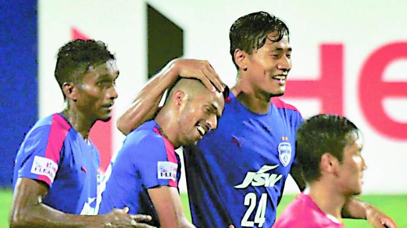 Bengaluru FC’s Mandar Rao Desai celebrates his goal with teammates.(Photo: File/R. Samuel) Bengaluru FC’s Mandar Rao Desai celebrates his goal with teammates.(Photo: File/R. Samuel)