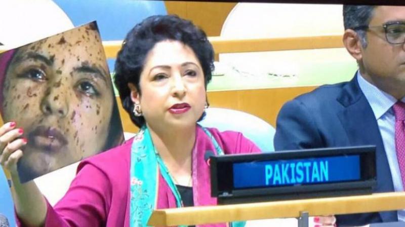 The picture used by Pakistan's Ambassador to the UN was reported by a number of media outlets as that of Rawia Abu Joma'a, a 17-year-old girl injured in Israeli airstrikes on Gaza city in 2014. (Photo: Twitter) The picture used by Pakistan's Ambassador to the UN was reported by a number of media outlets as that of Rawia Abu Joma'a, a 17-year-old girl injured in Israeli airstrikes on Gaza city in 2014. (Photo: Twitter)