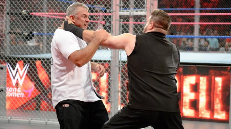 The Falls Count Anywhere match between Kevin Owens and Shane Mc Mahon ended with Owens picking up victory after Sami Zayn intervened. (Photo: WWE) The Falls Count Anywhere match between Kevin Owens and Shane Mc Mahon ended with Owens picking up victory after Sami Zayn intervened. (Photo: WWE)