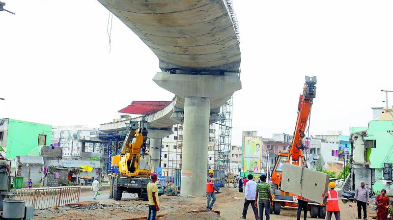 Kanakadurga flyover construction work in progress, at I-Town in Vijayawada on Thursday.(Photo: DC) Kanakadurga flyover construction work in progress, at I-Town in Vijayawada on Thursday.(Photo: DC)