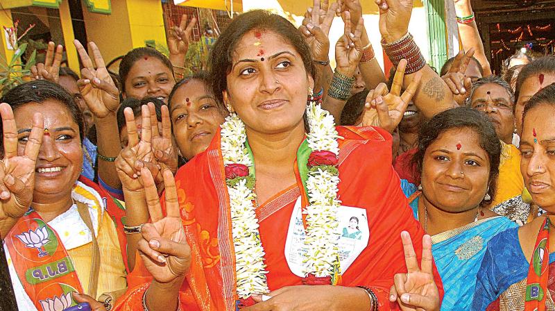 Sarala Mahesh Babu along with supporters celebrates her victory in BBMP’s Lakkasandra ward by elections in Bengaluru on Wednesday (Photo: DC) Sarala Mahesh Babu along with supporters celebrates her victory in BBMP’s Lakkasandra ward by elections in Bengaluru on Wednesday (Photo: DC)