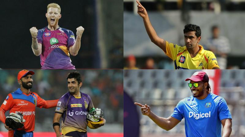 Troubled England all-rounder Ben Stokes, Indian off-spinner Ravichandran Ashwin, Indian opening batsman Gautam Gambhir and West Indian swashbuckling batsman Chris Gayle are among the 16 marquee players for the upcoming IPL Players' Auction in Bengaluru on January 27 and 28.. (Photo: BCCI / AFP / PTI) Troubled England all-rounder Ben Stokes, Indian off-spinner Ravichandran Ashwin, Indian opening batsman Gautam Gambhir and West Indian swashbuckling batsman Chris Gayle are among the 16 marquee players for the upcoming IPL Players' Auction in Bengaluru on January 27 and 28.. (Photo: BCCI / AFP / PTI)