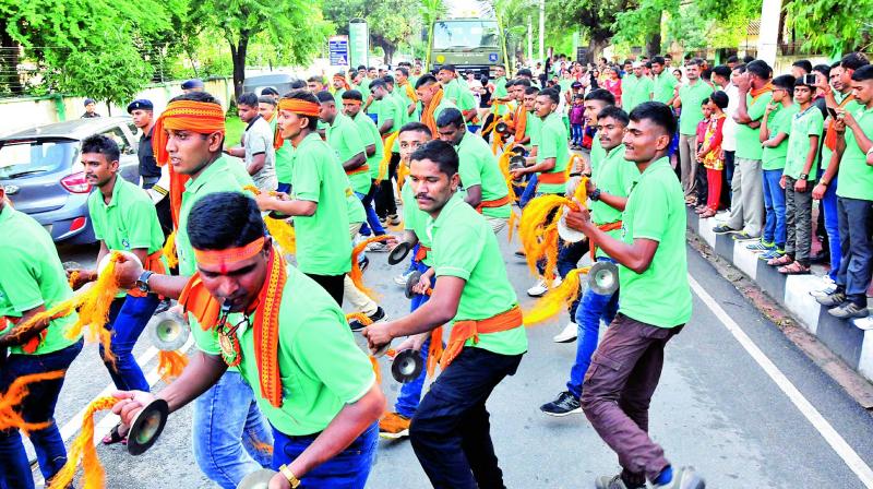 MCEME cadets dance while taking the Ganesh idol for immersion from Trimulgherry to Shameerpet Lake on Tuesday. The cadets had installed the idol at the Guruvayurappan Mandir in the cantonment in connection with Ganesh celebrations. (Photo: DC) MCEME cadets dance while taking the Ganesh idol for immersion from Trimulgherry to Shameerpet Lake on Tuesday. The cadets had installed the idol at the Guruvayurappan Mandir in the cantonment in connection with Ganesh celebrations. (Photo: DC)