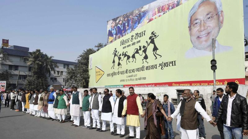 Lakhs of people formed a massive human chain against alcoholism and other addictions at historical Gandhi Maidan in Patna on Saturday. (Photo: PTI) Lakhs of people formed a massive human chain against alcoholism and other addictions at historical Gandhi Maidan in Patna on Saturday. (Photo: PTI)
