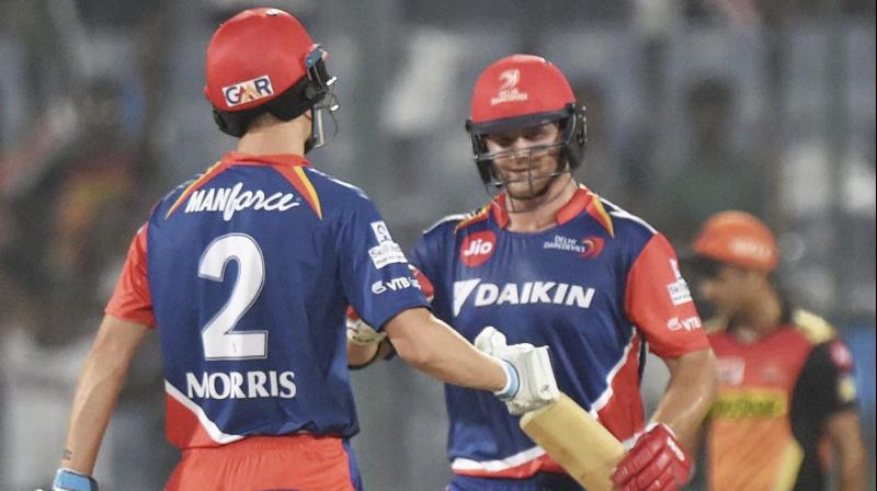 Delhi Daredevils batsmen Chris Morris and Corey Anderson greets each other after playing the winning shot against Sunrisers Hyderabad during an IPL match in New Delhi on Tuesday. (Photo: AP) Delhi Daredevils batsmen Chris Morris and Corey Anderson greets each other after playing the winning shot against Sunrisers Hyderabad during an IPL match in New Delhi on Tuesday. (Photo: AP)