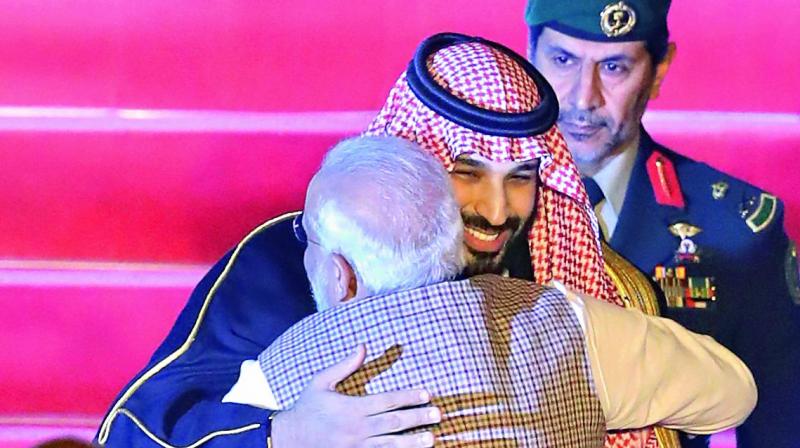 Prime Minister Narendra Modi welcomes Saudi Crown Prince Mohammed bin Salman on his arrival, at Palam Air Force Station in New Delhi on Tuesday. India and Saudi Arabia will release a joint statement on Wednesday following a meeting between the Saudi prince and Mr Modi, in the backdrop of the Pulwama terror attack. (Photo: AP) Prime Minister Narendra Modi welcomes Saudi Crown Prince Mohammed bin Salman on his arrival, at Palam Air Force Station in New Delhi on Tuesday. India and Saudi Arabia will release a joint statement on Wednesday following a meeting between the Saudi prince and Mr Modi, in the backdrop of the Pulwama terror attack. (Photo: AP)