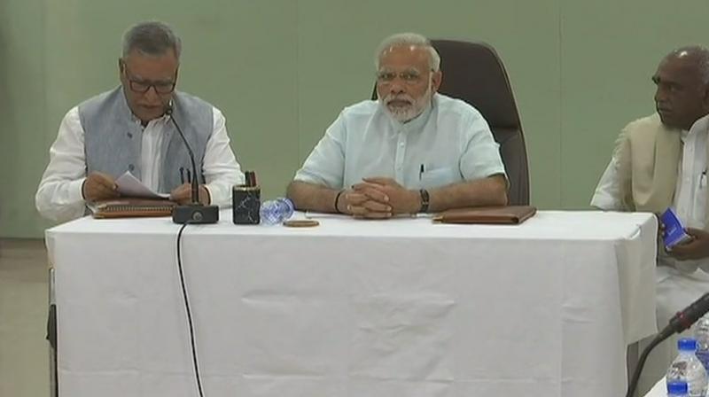 Prime Minister Narendra Modi on Tuesday chaired a high-level meeting at Kavaratti in Lakshadweep to review the situation arising due to Cyclone Ockhi which left a trail of destruction in the Union Territory. (Photo: Twitter | ANI) Prime Minister Narendra Modi on Tuesday chaired a high-level meeting at Kavaratti in Lakshadweep to review the situation arising due to Cyclone Ockhi which left a trail of destruction in the Union Territory. (Photo: Twitter | ANI)