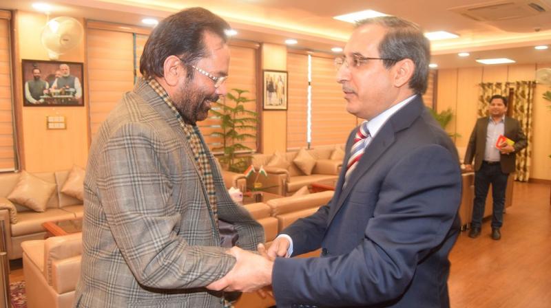 Union Minister Mukhtar Abbas Naqvi with Saudi Arabia's Ambassador to India Saud Mohammed Alasti. (Photo: Twitter) Union Minister Mukhtar Abbas Naqvi with Saudi Arabia's Ambassador to India Saud Mohammed Alasti. (Photo: Twitter)