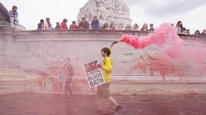 The 'XR' activists were joined by 'Animal Rebellion' activists who went on to pour red colour in the iconic fountain outside the Buckingham Palace gates. (Twitter) The 'XR' activists were joined by 'Animal Rebellion' activists who went on to pour red colour in the iconic fountain outside the Buckingham Palace gates. (Twitter)