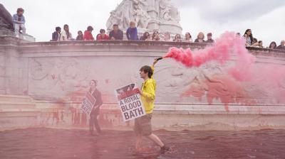 The 'XR' activists were joined by 'Animal Rebellion' activists who went on to pour red colour in the iconic fountain outside the Buckingham Palace gates. (Twitter)