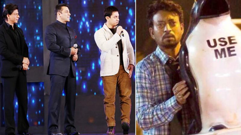 Shah Rukh, Salman, Aamir Khan at a show; Irrfan Khan in a still from 'Blackmail'. Shah Rukh, Salman, Aamir Khan at a show; Irrfan Khan in a still from 'Blackmail'.