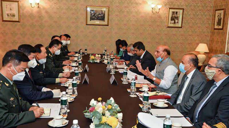 Defence Minister Rajnath Singh during a meeting with the Chinese Defence Minister General Fenghe, in Moscow. PTI Photo