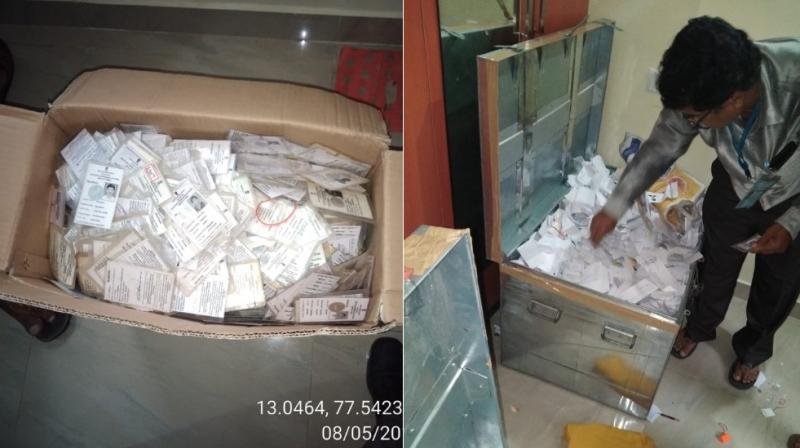 Karnataka's Chief Electoral Officer Sanjiv Kumar said the cards were found wrapped in smaller packets. (Photo: Twitter | @DVSBJP) Karnataka's Chief Electoral Officer Sanjiv Kumar said the cards were found wrapped in smaller packets. (Photo: Twitter | @DVSBJP)