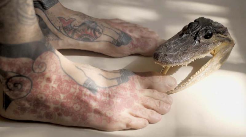 With legs entirely covered in tattoos, Bhavnani is yet to reveal the narratives inked in Ajrak and Madhubani art traditions. With legs entirely covered in tattoos, Bhavnani is yet to reveal the narratives inked in Ajrak and Madhubani art traditions.